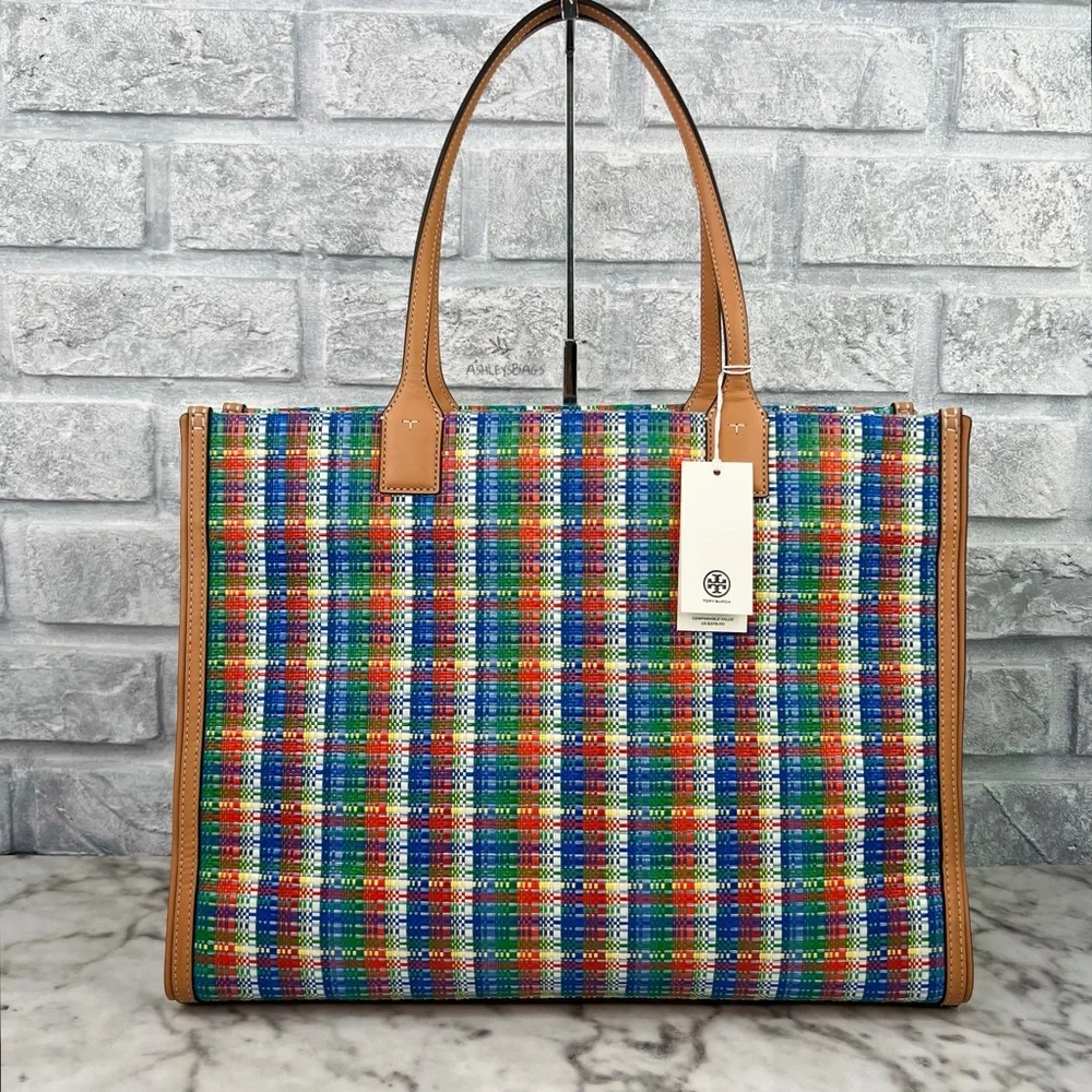 Tory Burch Ella Poly Woven Nylon Large Tote In Tory Navy Multi - Picture 5 of 11